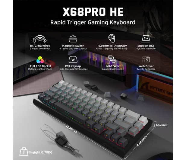 Attack Shark X68PRO HE Wireless Rapid Trigger 8kHz/128kHz Poron gradient 6972792471075 - 1349535 - zdjęcie 4